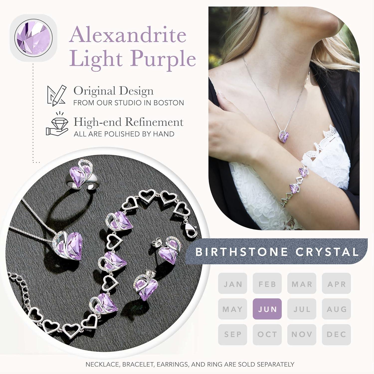 imageLeafael Infinity Love Heart Necklace and Bracelet for Women June Birthstone Crystal Jewelry Silver Tone Bundle Gifts for Women Alexandrite Light Purple