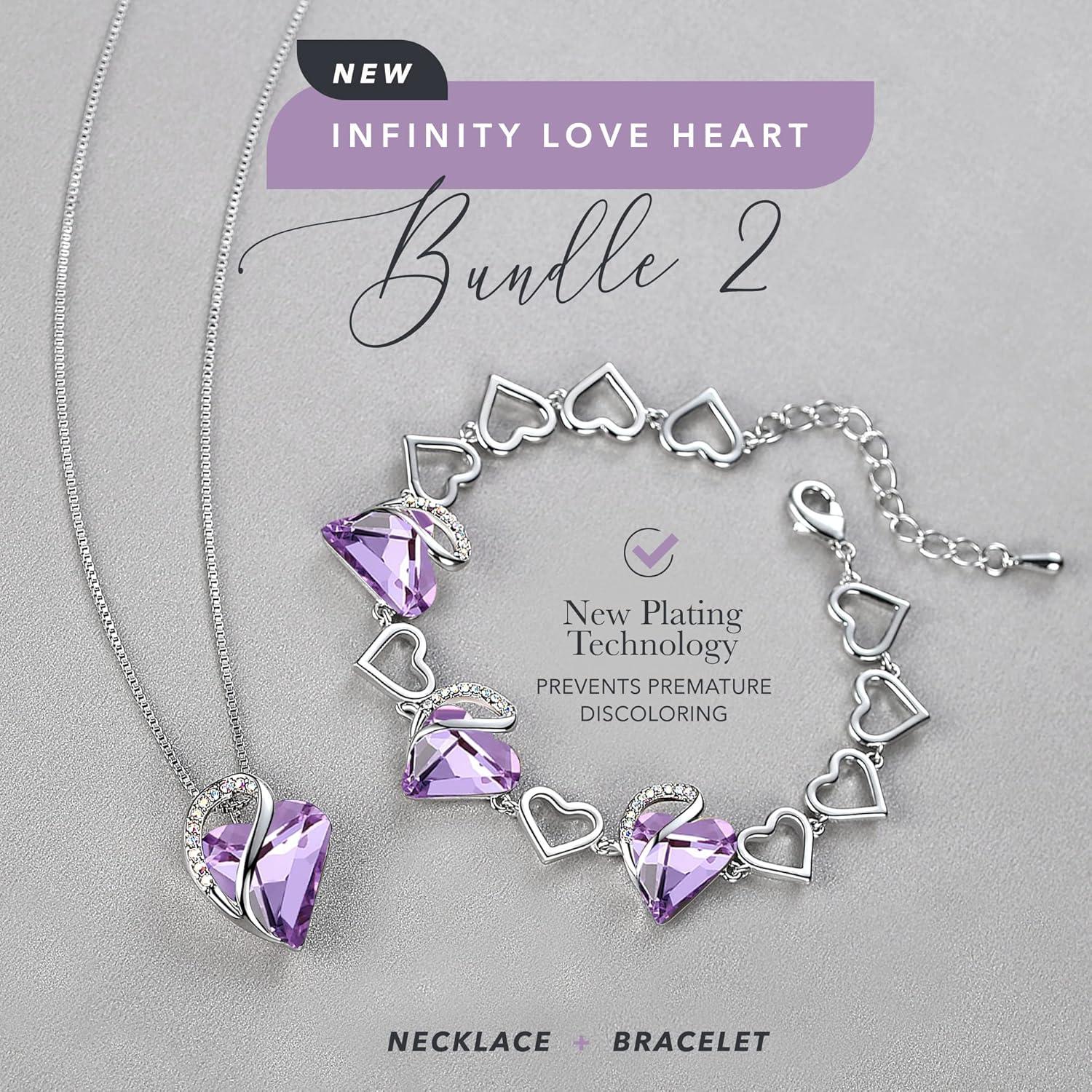 imageLeafael Infinity Love Heart Necklace and Bracelet for Women June Birthstone Crystal Jewelry Silver Tone Bundle Gifts for Women Alexandrite Light Purple