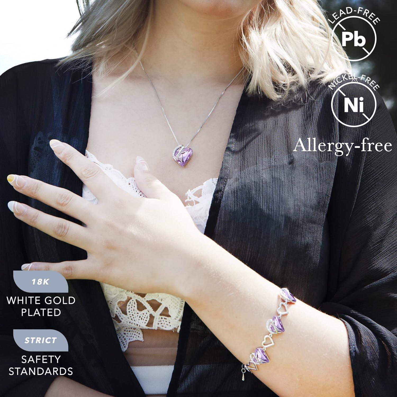 imageLeafael Infinity Love Heart Necklace and Bracelet for Women June Birthstone Crystal Jewelry Silver Tone Bundle Gifts for Women Alexandrite Light Purple