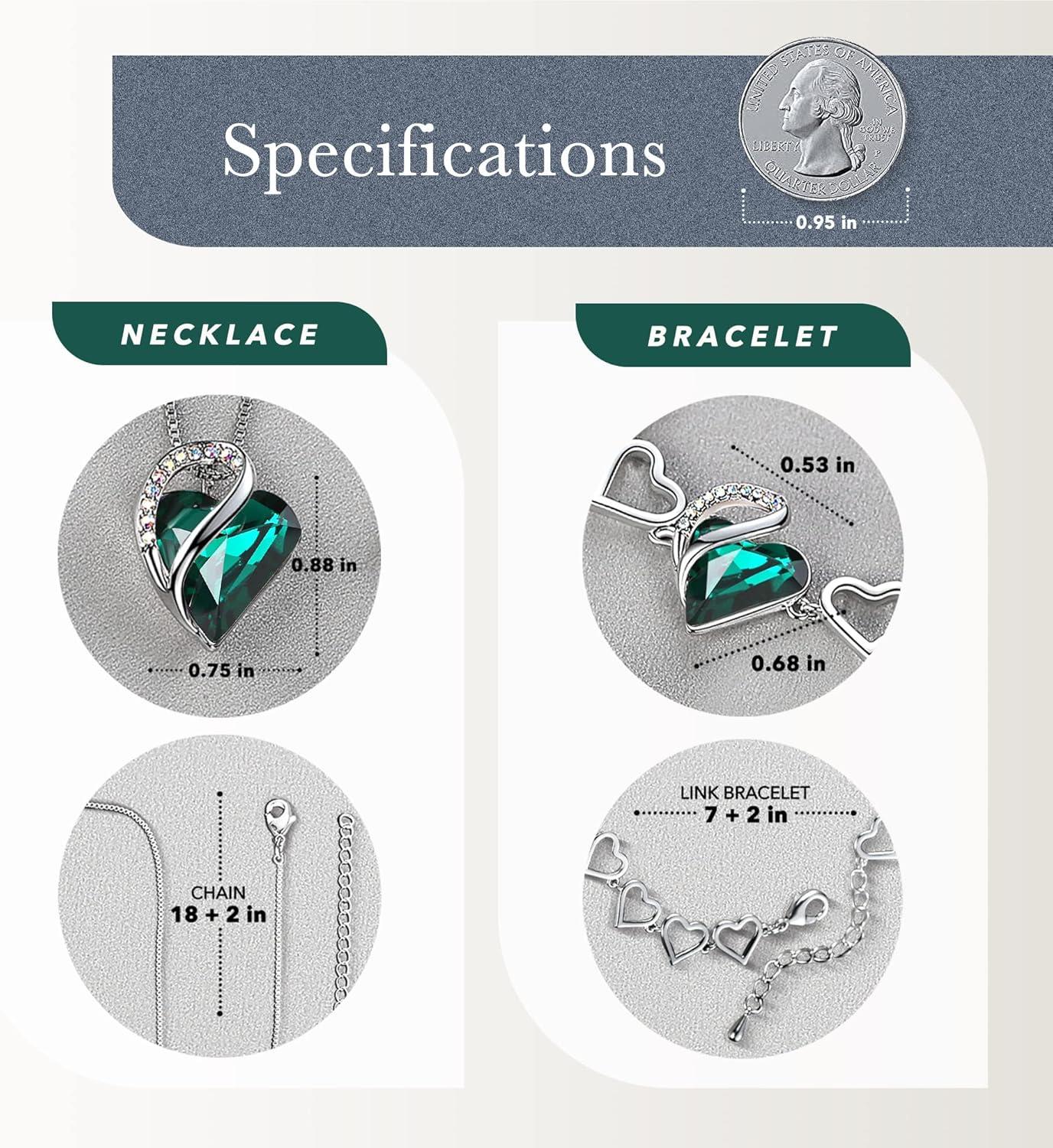 imageLeafael Infinity Love Heart Necklace and Bracelet for Women May Birthstone Crystal Jewelry Silver Tone Bundle Gifts for Women Emerald Green