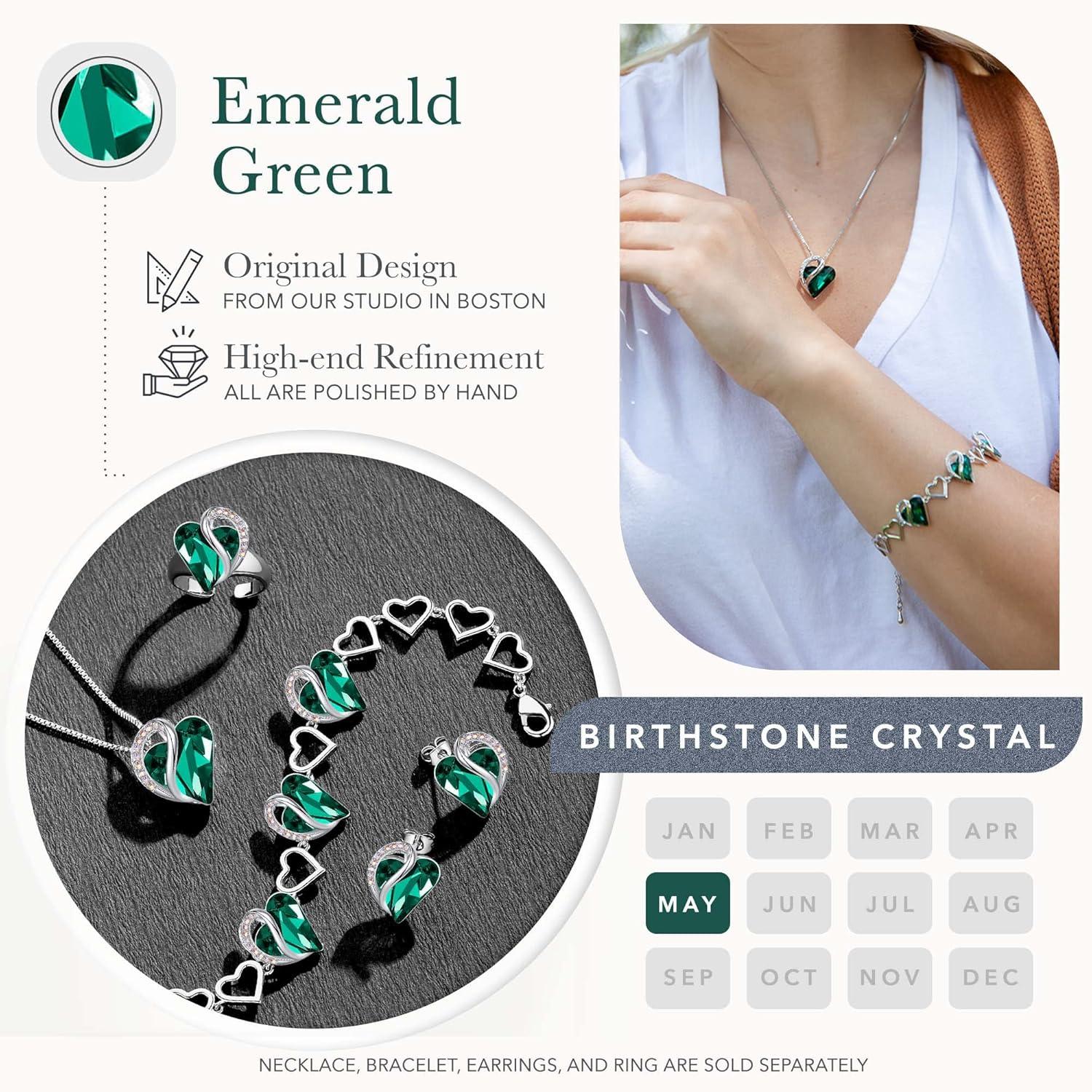 imageLeafael Infinity Love Heart Necklace and Bracelet for Women May Birthstone Crystal Jewelry Silver Tone Bundle Gifts for Women Emerald Green