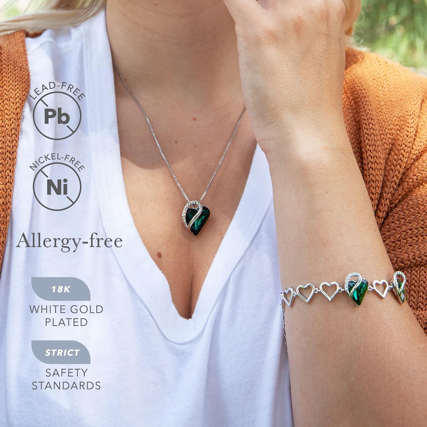 imageLeafael Infinity Love Heart Necklace and Bracelet for Women May Birthstone Crystal Jewelry Silver Tone Bundle Gifts for Women Emerald Green