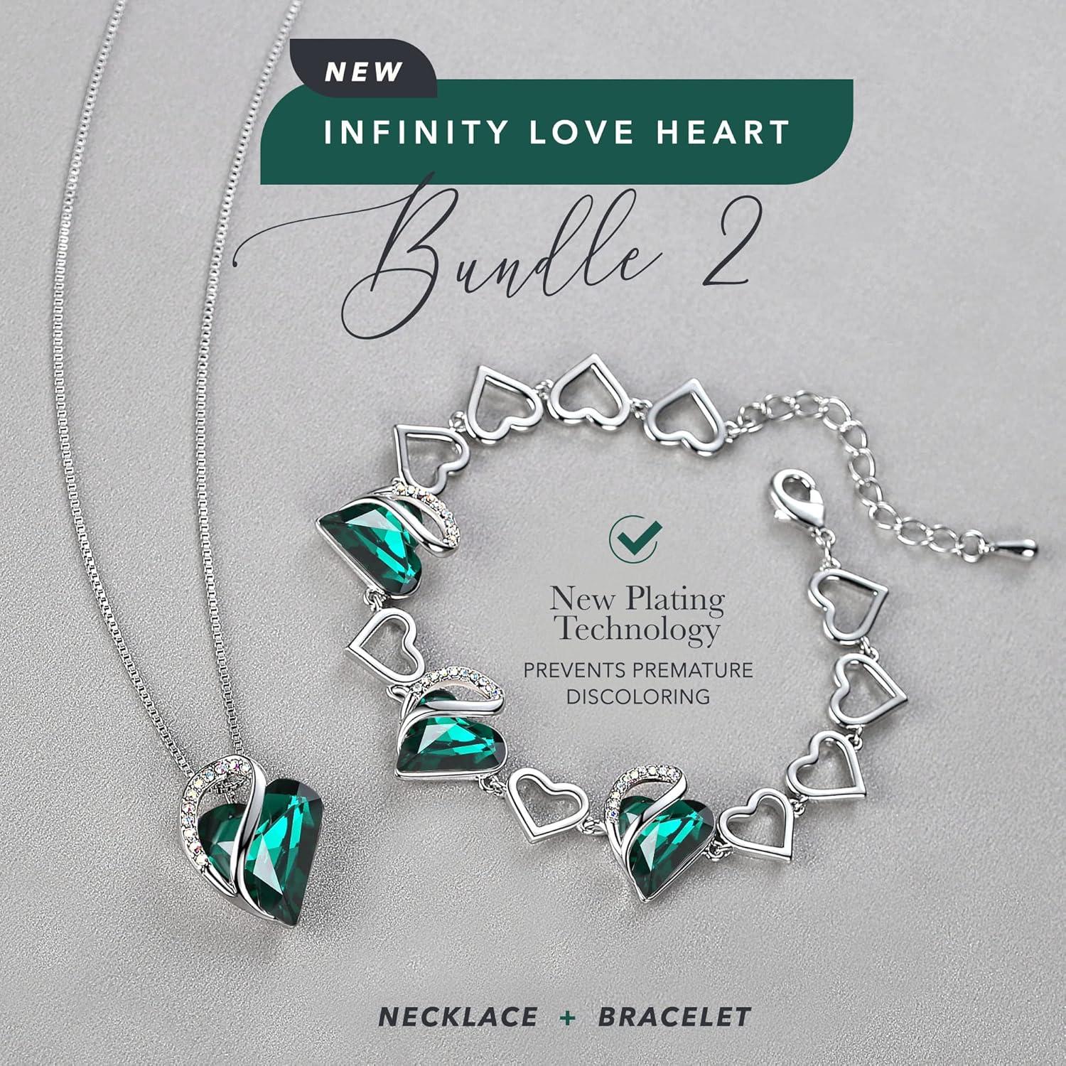 imageLeafael Infinity Love Heart Necklace and Bracelet for Women May Birthstone Crystal Jewelry Silver Tone Bundle Gifts for Women Emerald Green