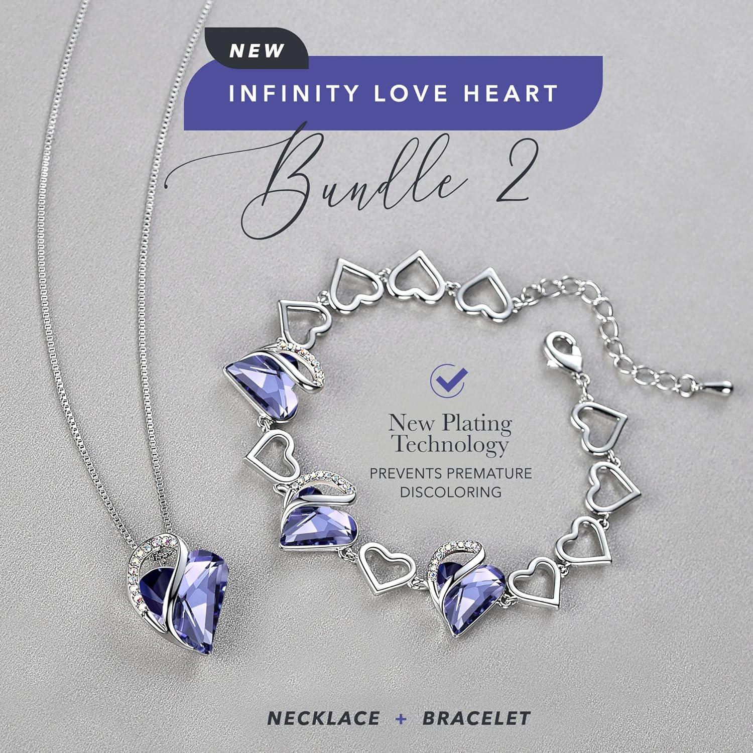 imageLeafael Infinity Love Heart Necklace and Bracelet for Women Purple Birthstone Crystal Jewelry Silver Tone Bundle Gifts for Women Tanzanite Purple