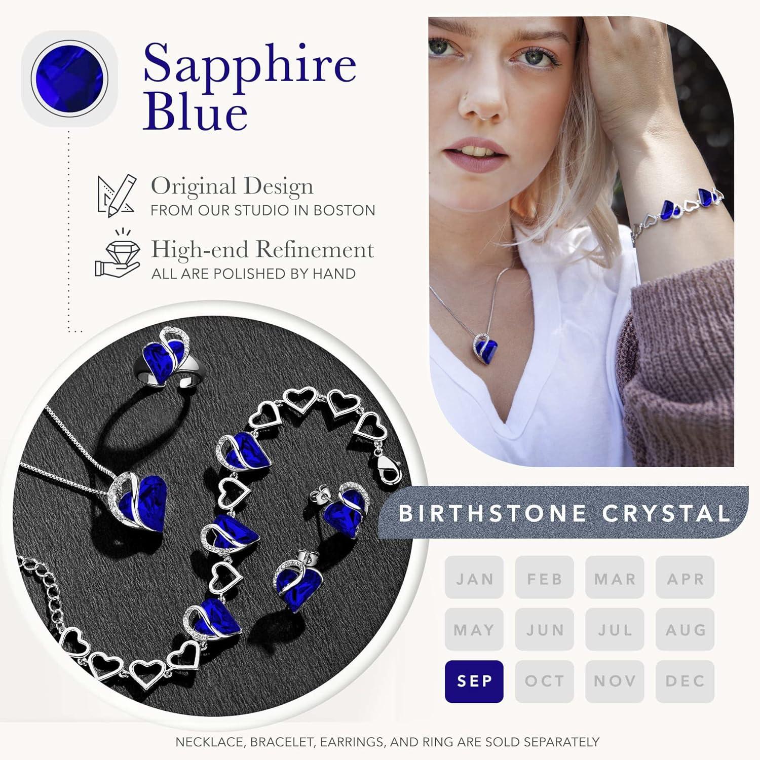 imageLeafael Infinity Love Heart Necklace and Bracelet for Women September Birthstone Crystal Jewelry Silver Tone Bundle Gifts for Women Sapphire Blue