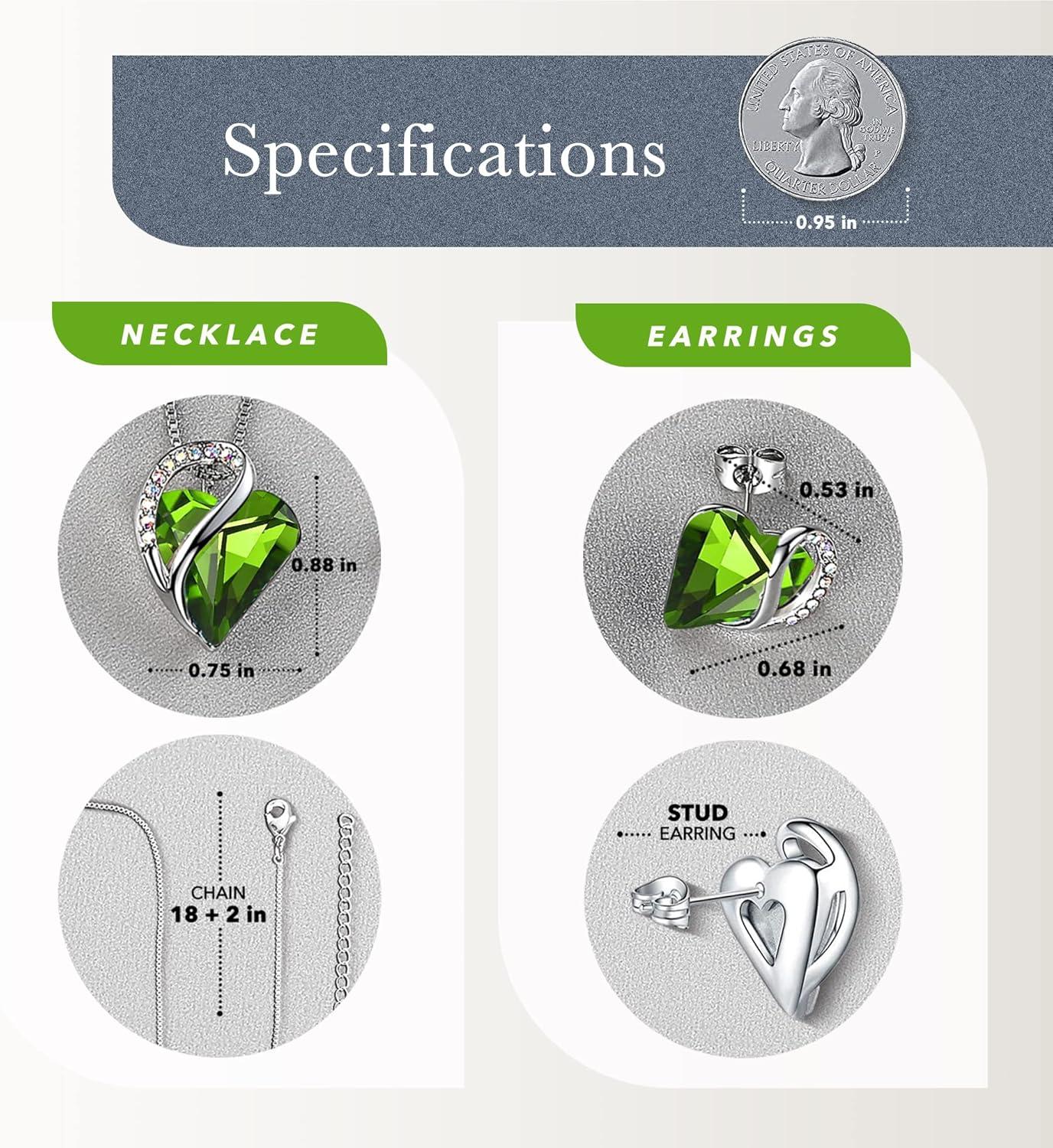 imageLeafael Infinity Love Heart Necklace and Stud Earrings for Women August Birthstone Crystal Jewelry Silver Tone Bundle Gifts for Women Peridot Green
