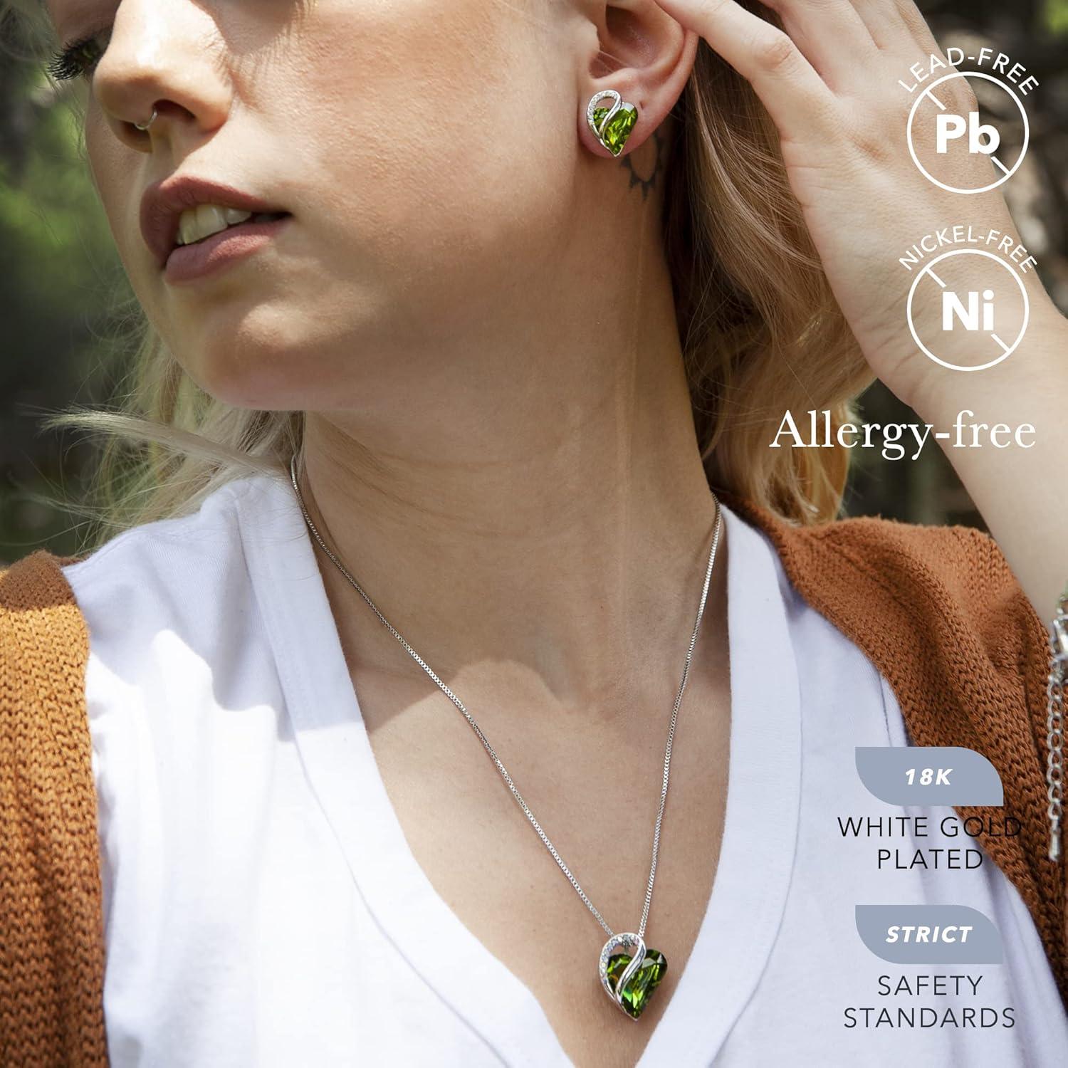 imageLeafael Infinity Love Heart Necklace and Stud Earrings for Women August Birthstone Crystal Jewelry Silver Tone Bundle Gifts for Women Peridot Green