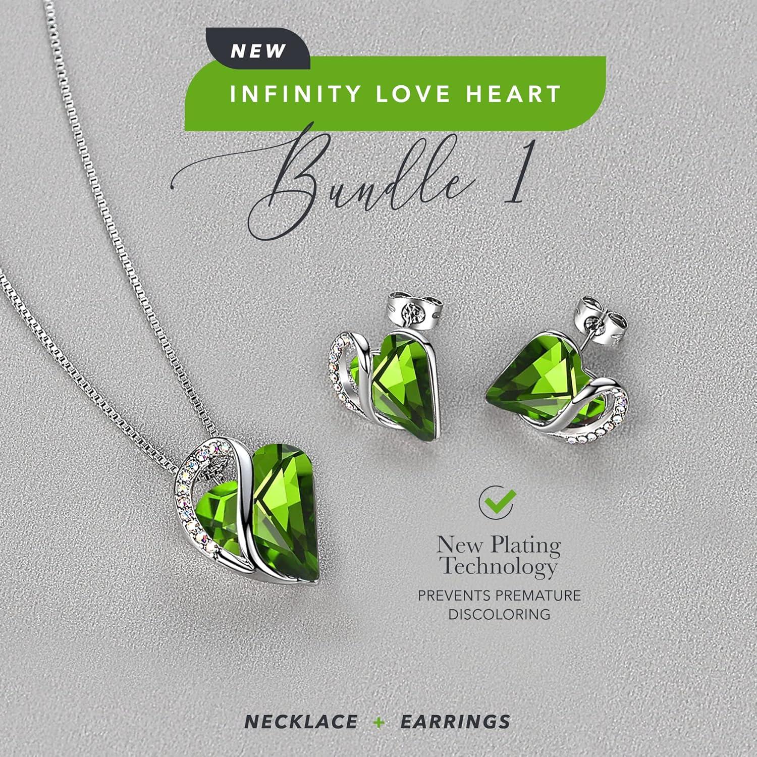 imageLeafael Infinity Love Heart Necklace and Stud Earrings for Women August Birthstone Crystal Jewelry Silver Tone Bundle Gifts for Women Peridot Green