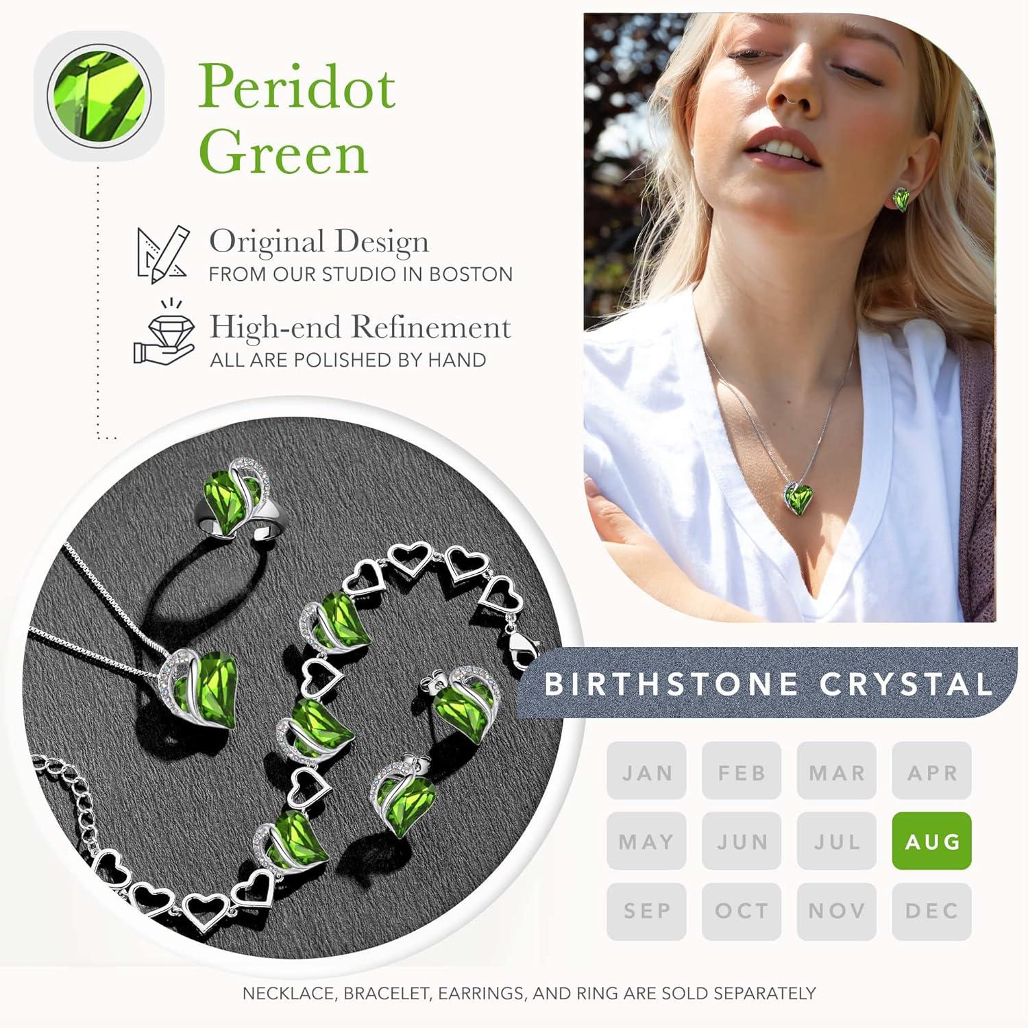 imageLeafael Infinity Love Heart Necklace and Stud Earrings for Women August Birthstone Crystal Jewelry Silver Tone Bundle Gifts for Women Peridot Green