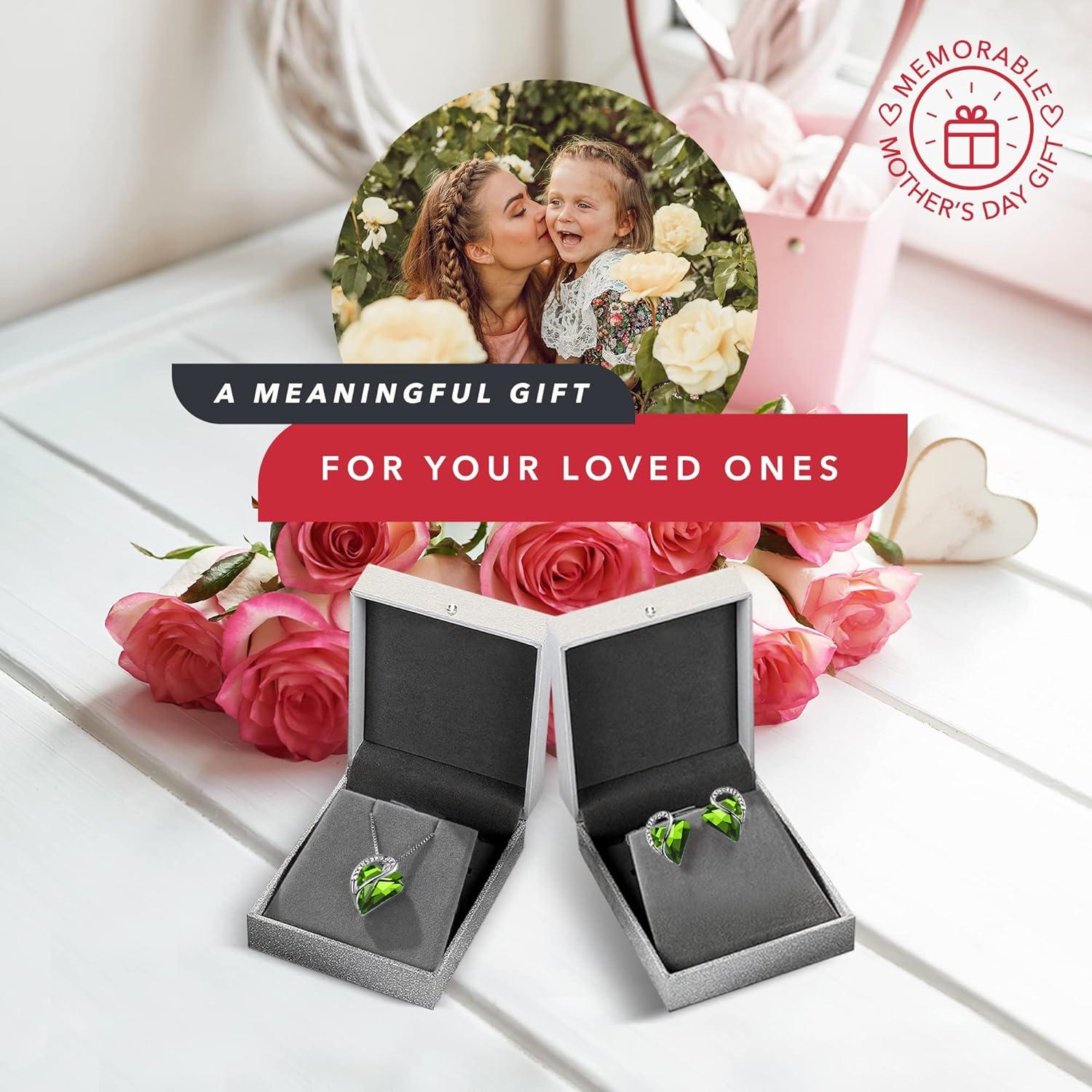 imageLeafael Infinity Love Heart Necklace and Stud Earrings for Women August Birthstone Crystal Jewelry Silver Tone Bundle Gifts for Women Peridot Green