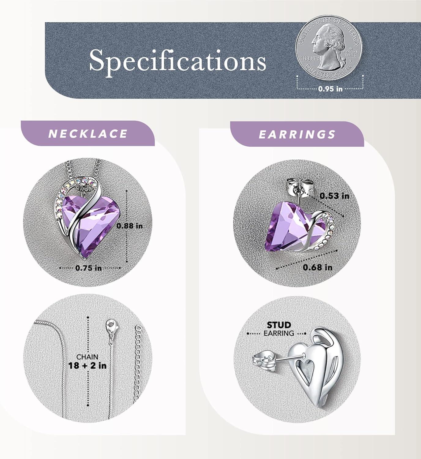 imageLeafael Infinity Love Heart Necklace and Stud Earrings for Women June Birthstone Crystal Jewelry Silver Tone Bundle Gifts for Women Alexandrite Light Purple