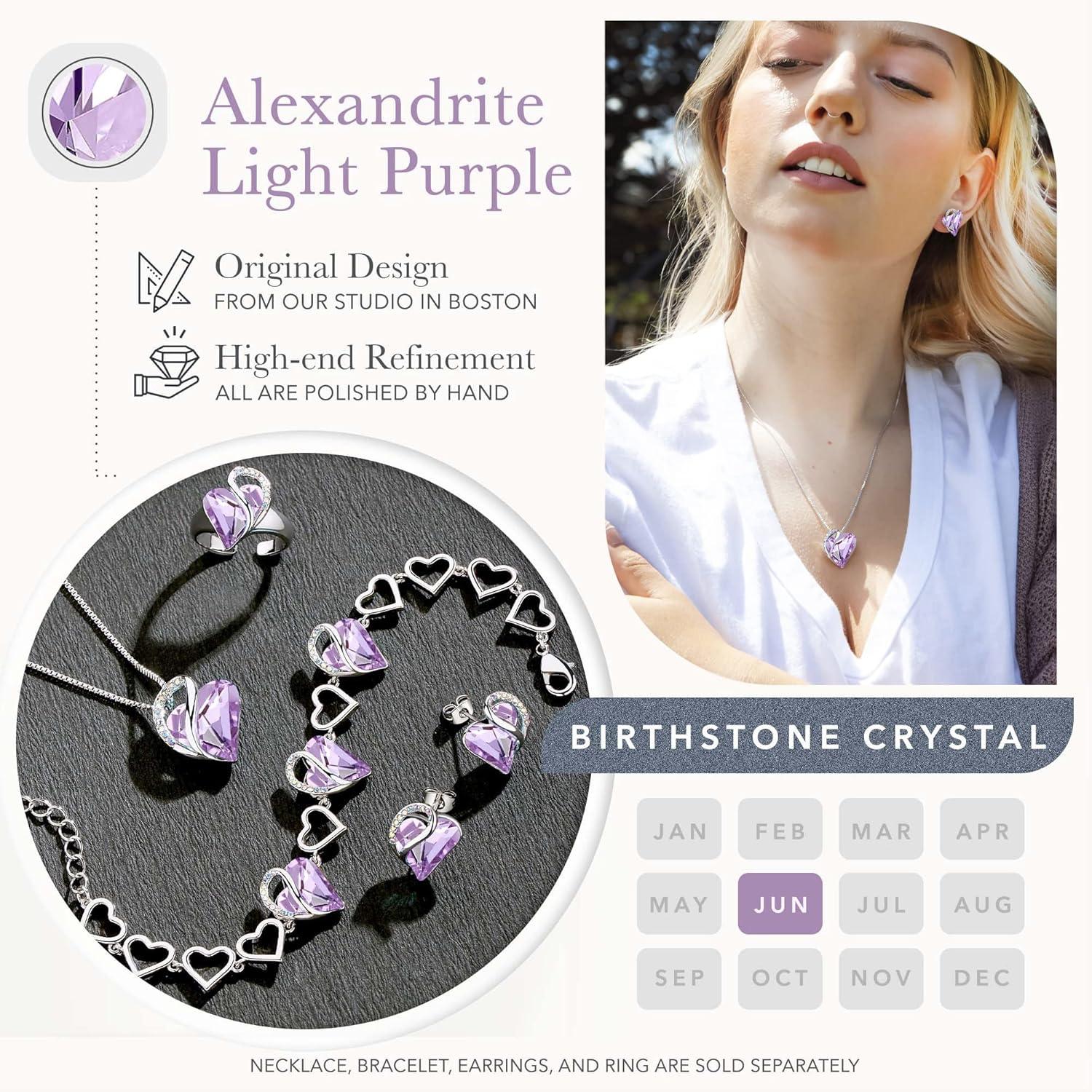 imageLeafael Infinity Love Heart Necklace and Stud Earrings for Women June Birthstone Crystal Jewelry Silver Tone Bundle Gifts for Women Alexandrite Light Purple