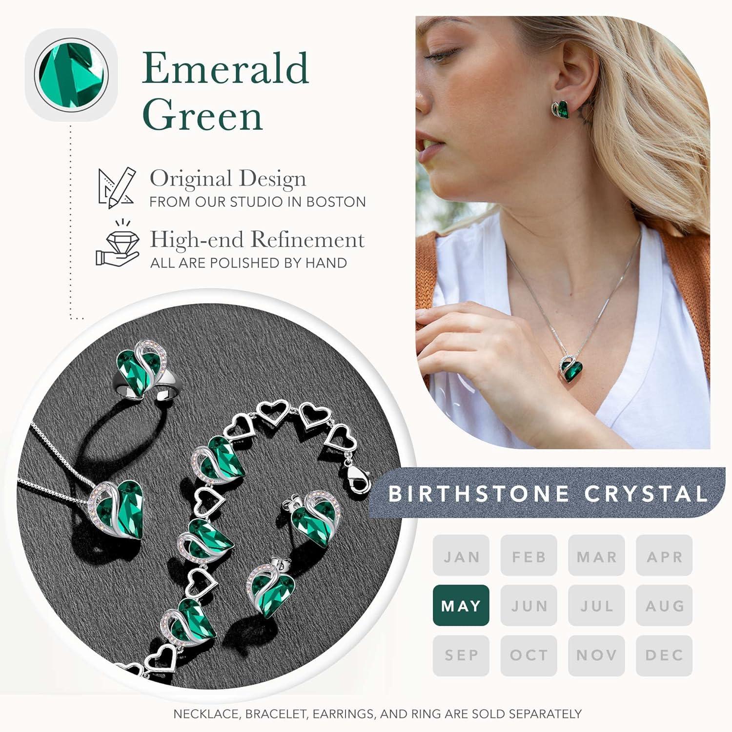 imageLeafael Infinity Love Heart Necklace and Stud Earrings for Women May Birthstone Crystal Jewelry Silver Tone Bundle Gifts for Women Emerald Green