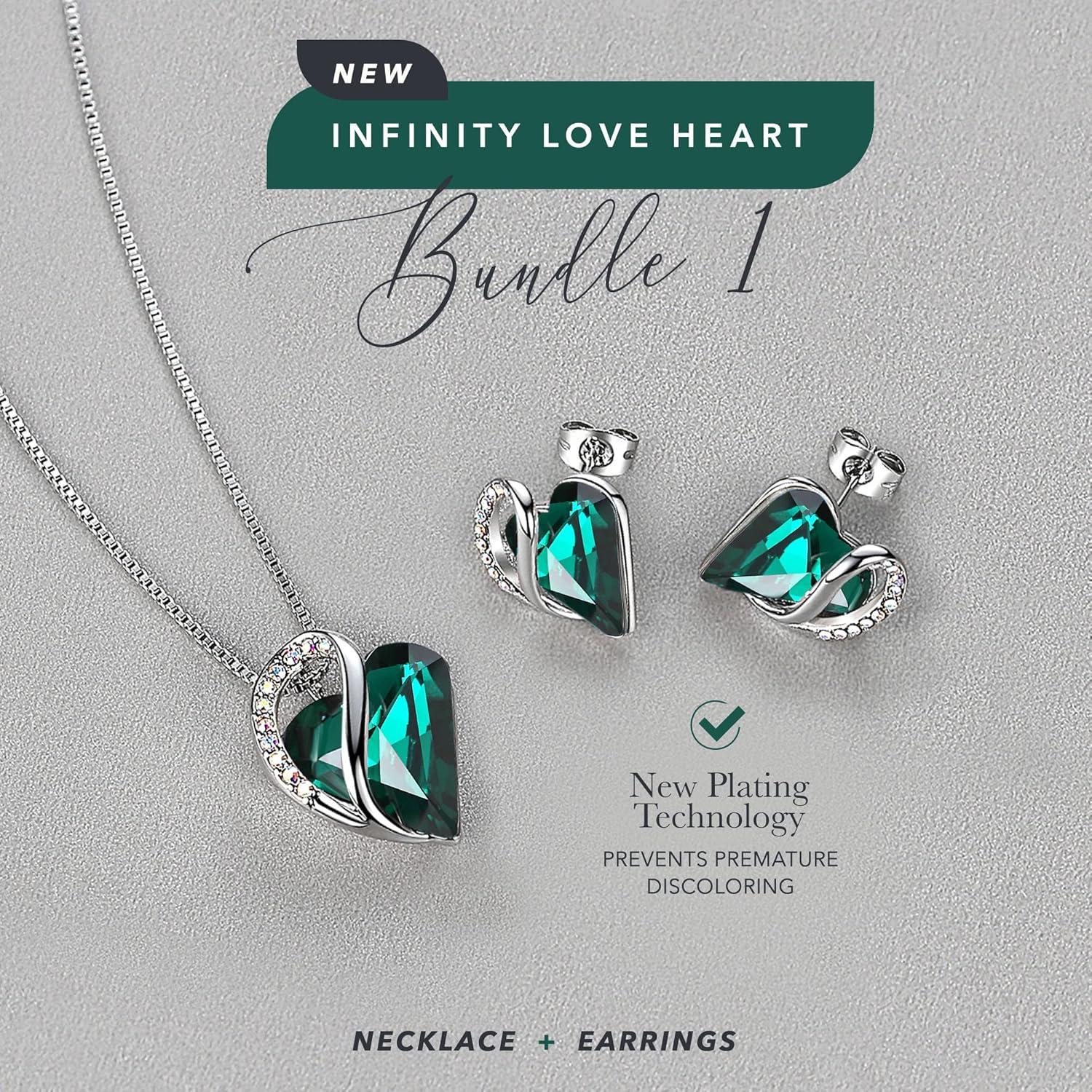 imageLeafael Infinity Love Heart Necklace and Stud Earrings for Women May Birthstone Crystal Jewelry Silver Tone Bundle Gifts for Women Emerald Green