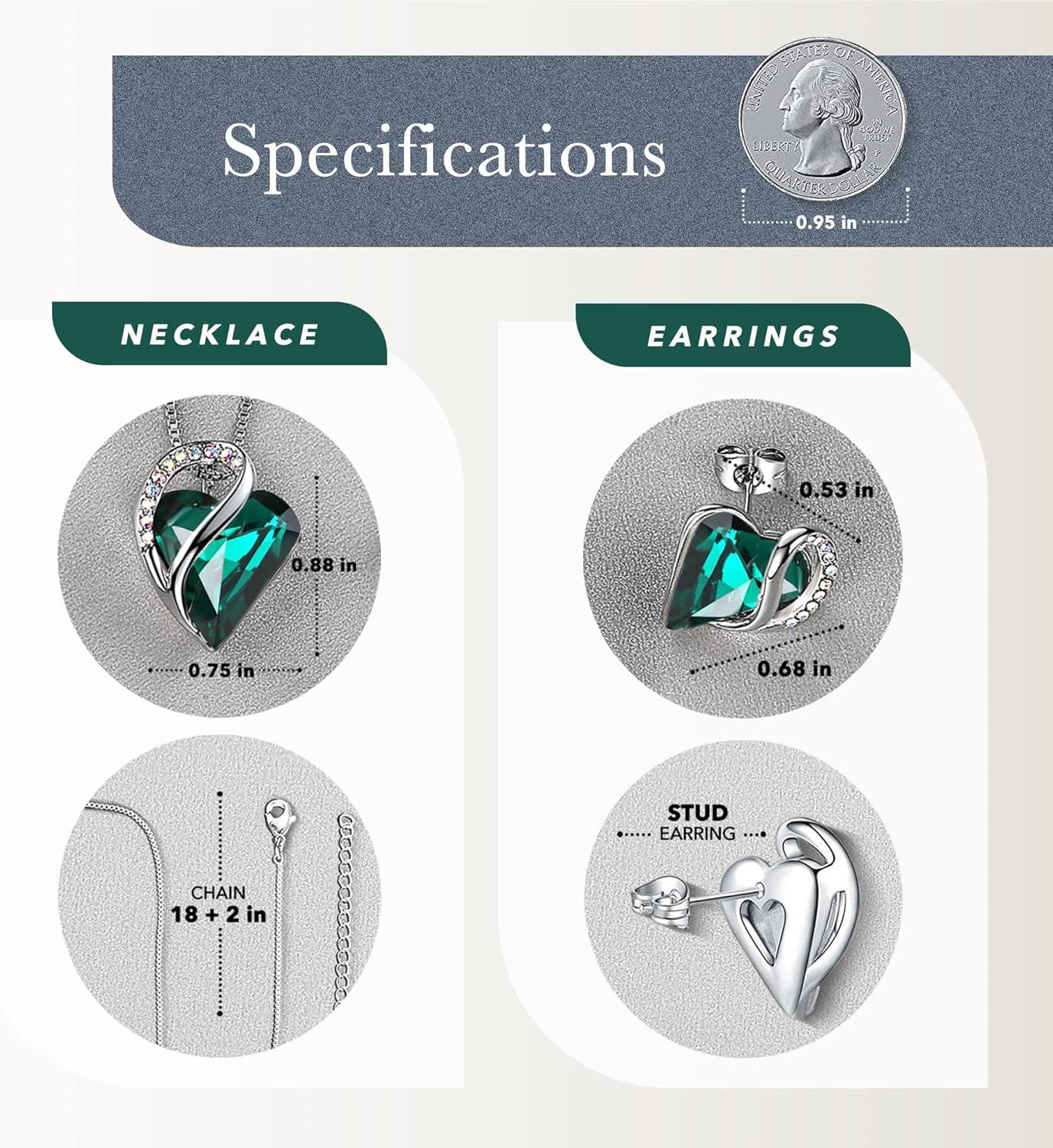 imageLeafael Infinity Love Heart Necklace and Stud Earrings for Women May Birthstone Crystal Jewelry Silver Tone Bundle Gifts for Women Emerald Green