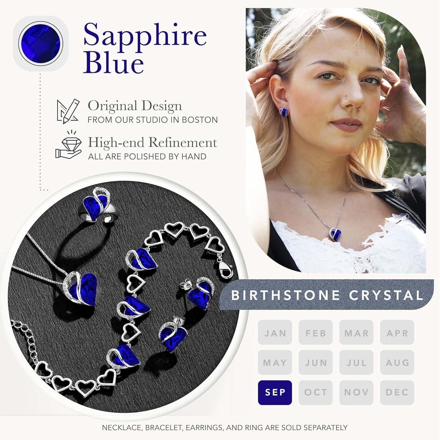imageLeafael Infinity Love Heart Necklace and Stud Earrings for Women September Birthstone Crystal Jewelry Silver Tone Bundle Gifts for Women Sapphire Blue