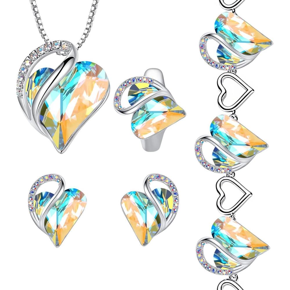 imageLeafael Infinity Love Heart Necklace Stud Earrings Bracelet and Ring Set April Birthstone Crystal Jewelry Silver Tone Gifts for Women Rainbow Opal White