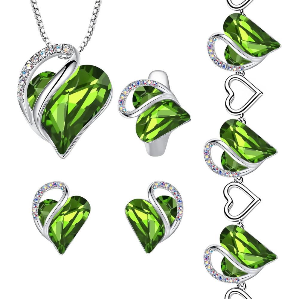 imageLeafael Infinity Love Heart Necklace Stud Earrings Bracelet and Ring Set August Birthstone Crystal Jewelry Silver Tone Gifts for Women Peridot Green