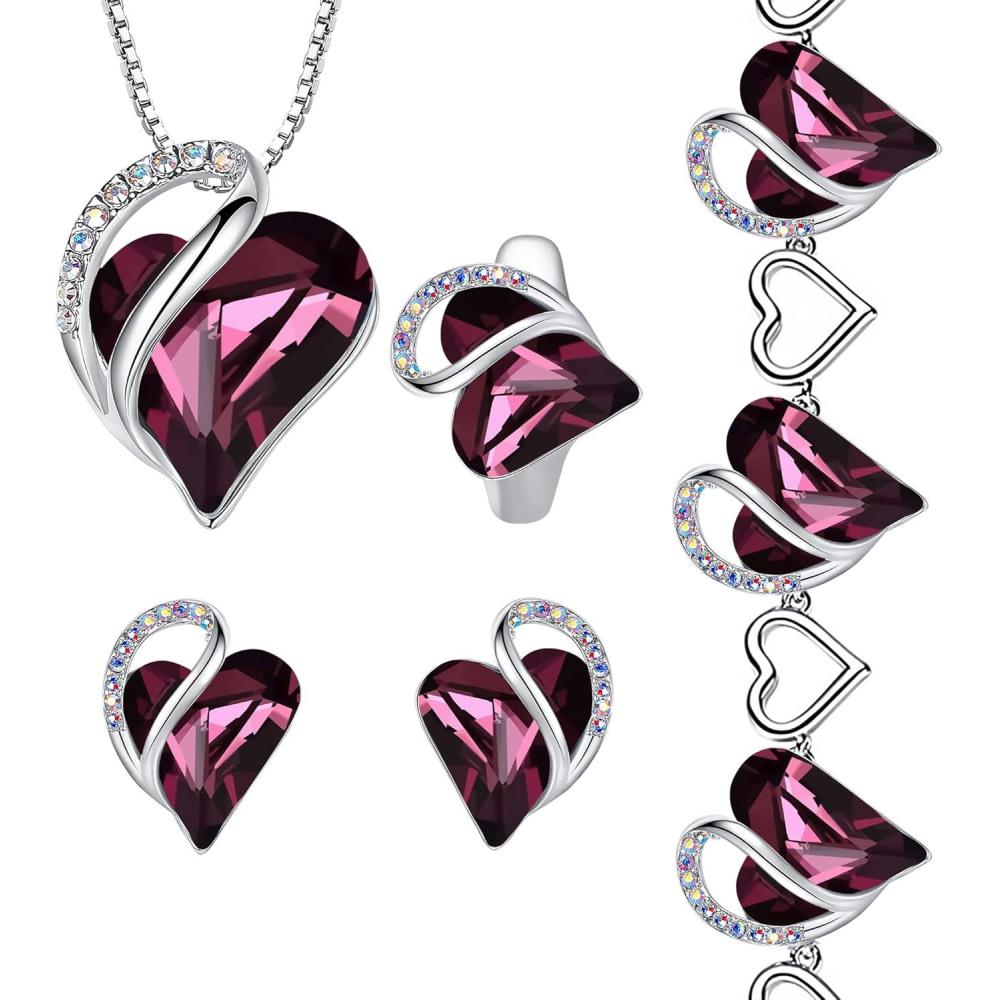 imageLeafael Infinity Love Heart Necklace Stud Earrings Bracelet and Ring Set February Birthstone Crystal Jewelry Silver Tone Gifts for Women Amethyst Pink
