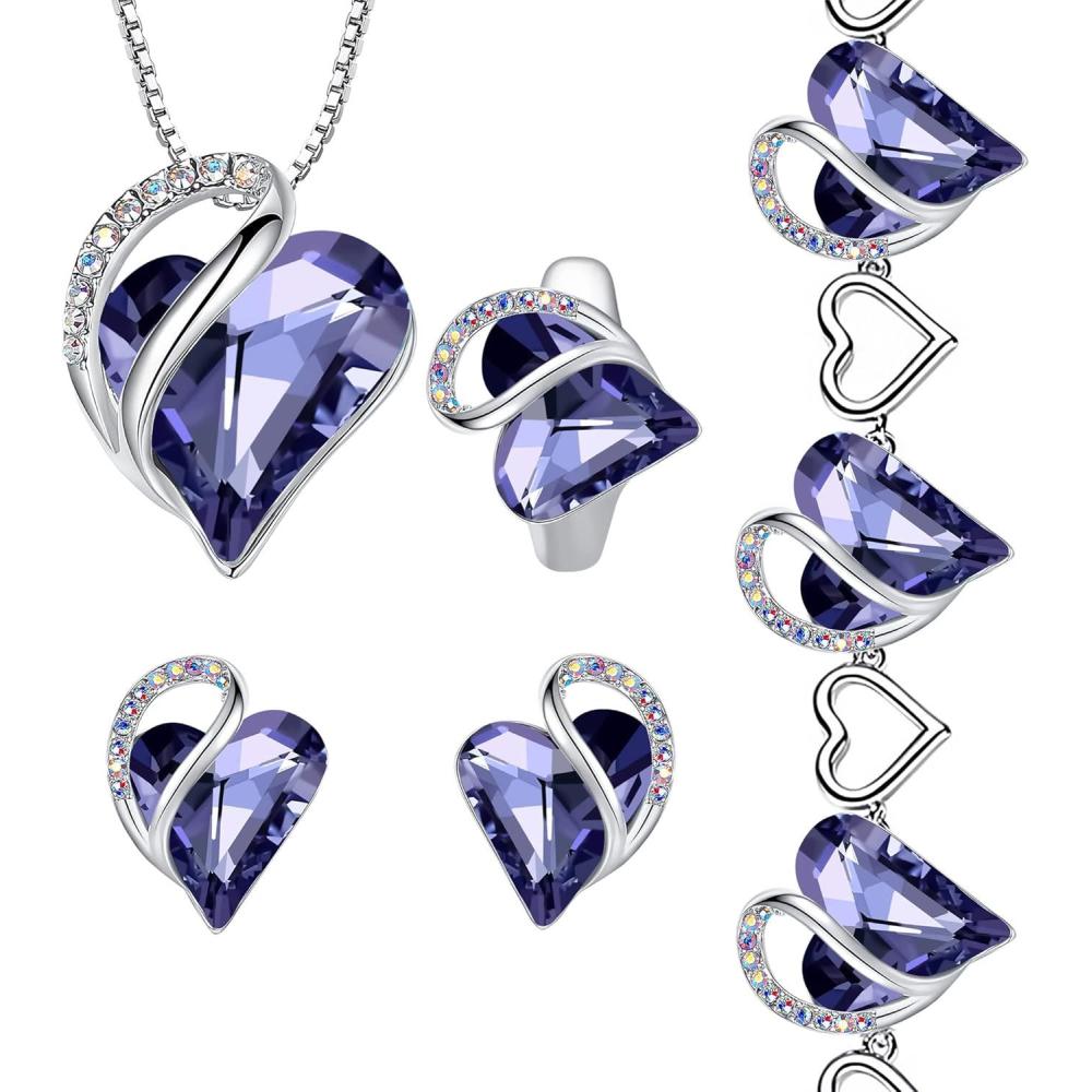 imageLeafael Infinity Love Heart Necklace Stud Earrings Bracelet and Ring Set February Birthstone Crystal Jewelry Silver Tone Gifts for Women Tanzanite Purple