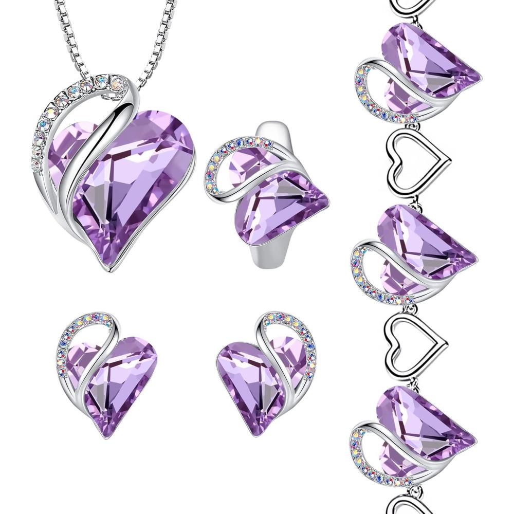 imageLeafael Infinity Love Heart Necklace Stud Earrings Bracelet and Ring Set June Birthstone Crystal Jewelry Silver Tone Gifts for Women Alexandrite Light Purple