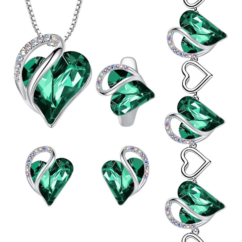 imageLeafael Infinity Love Heart Necklace Stud Earrings Bracelet and Ring Set May Birthstone Crystal Jewelry Silver Tone Gifts for Women Emerald Green
