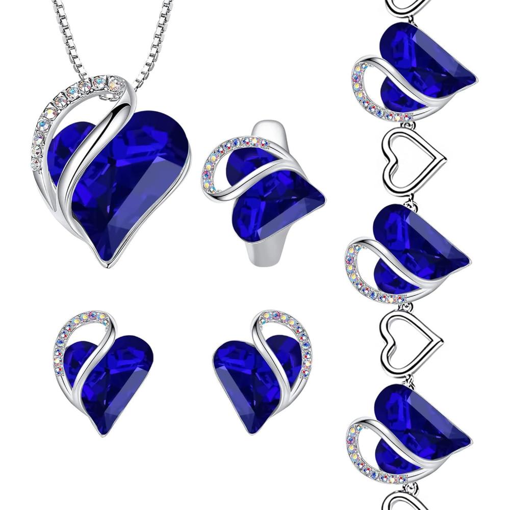 imageLeafael Infinity Love Heart Necklace Stud Earrings Bracelet and Ring Set September Birthstone Crystal Jewelry Silver Tone Gifts for Women Sapphire Blue