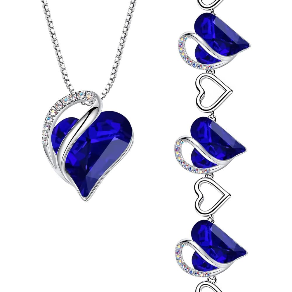 imageLeafael Infinity Love Heart Necklace and Bracelet for Women September Birthstone Crystal Jewelry Silver Tone Bundle Gifts for Women Sapphire Blue