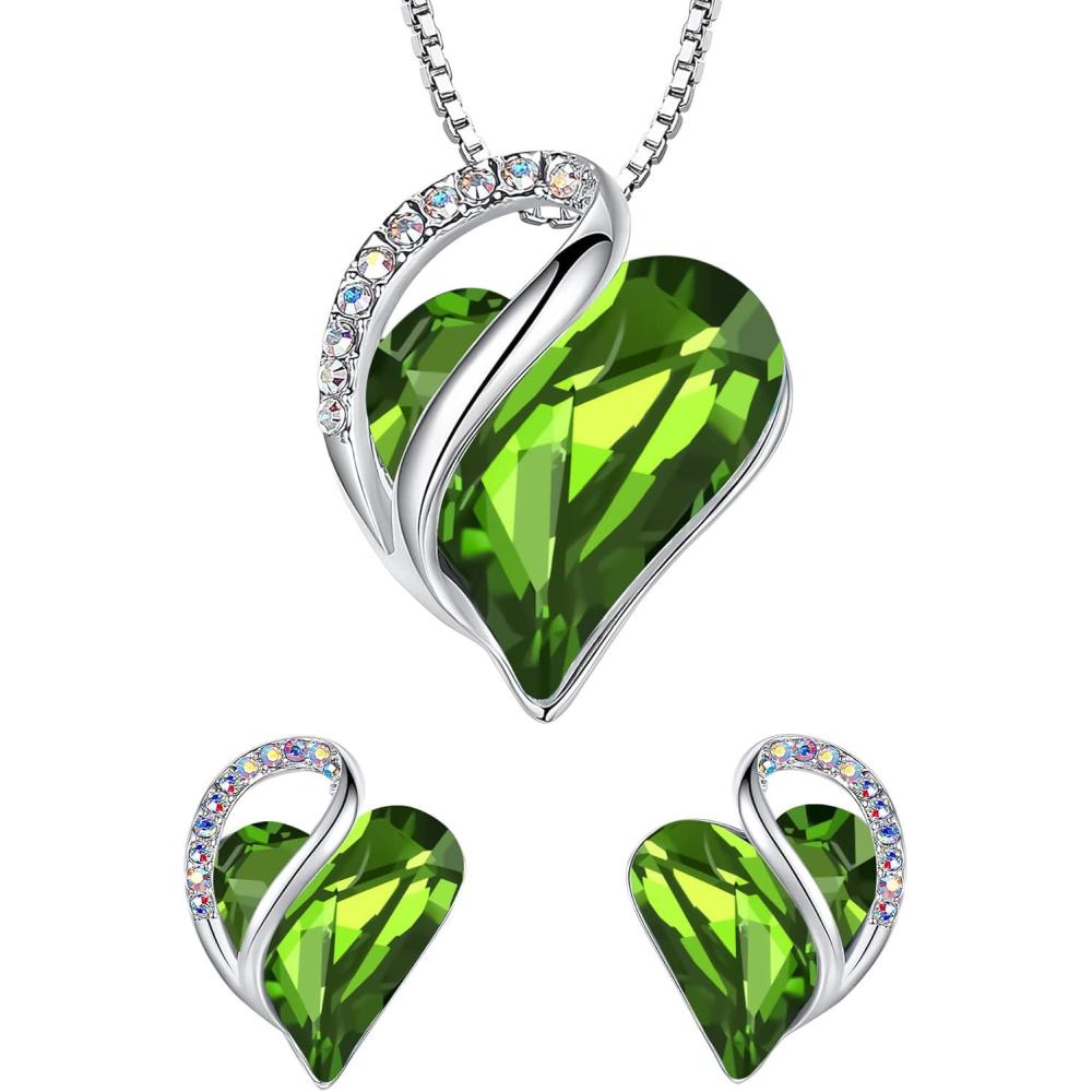 imageLeafael Infinity Love Heart Necklace and Stud Earrings for Women August Birthstone Crystal Jewelry Silver Tone Bundle Gifts for Women Peridot Green