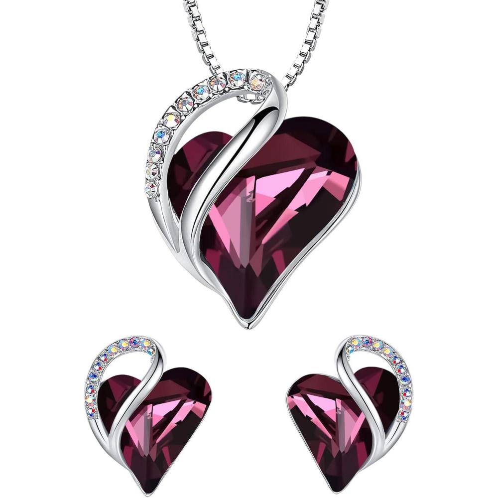 imageLeafael Infinity Love Heart Necklace and Stud Earrings for Women February Birthstone Crystal Jewelry Silver Tone Bundle Gifts for Women Amethyst Pink
