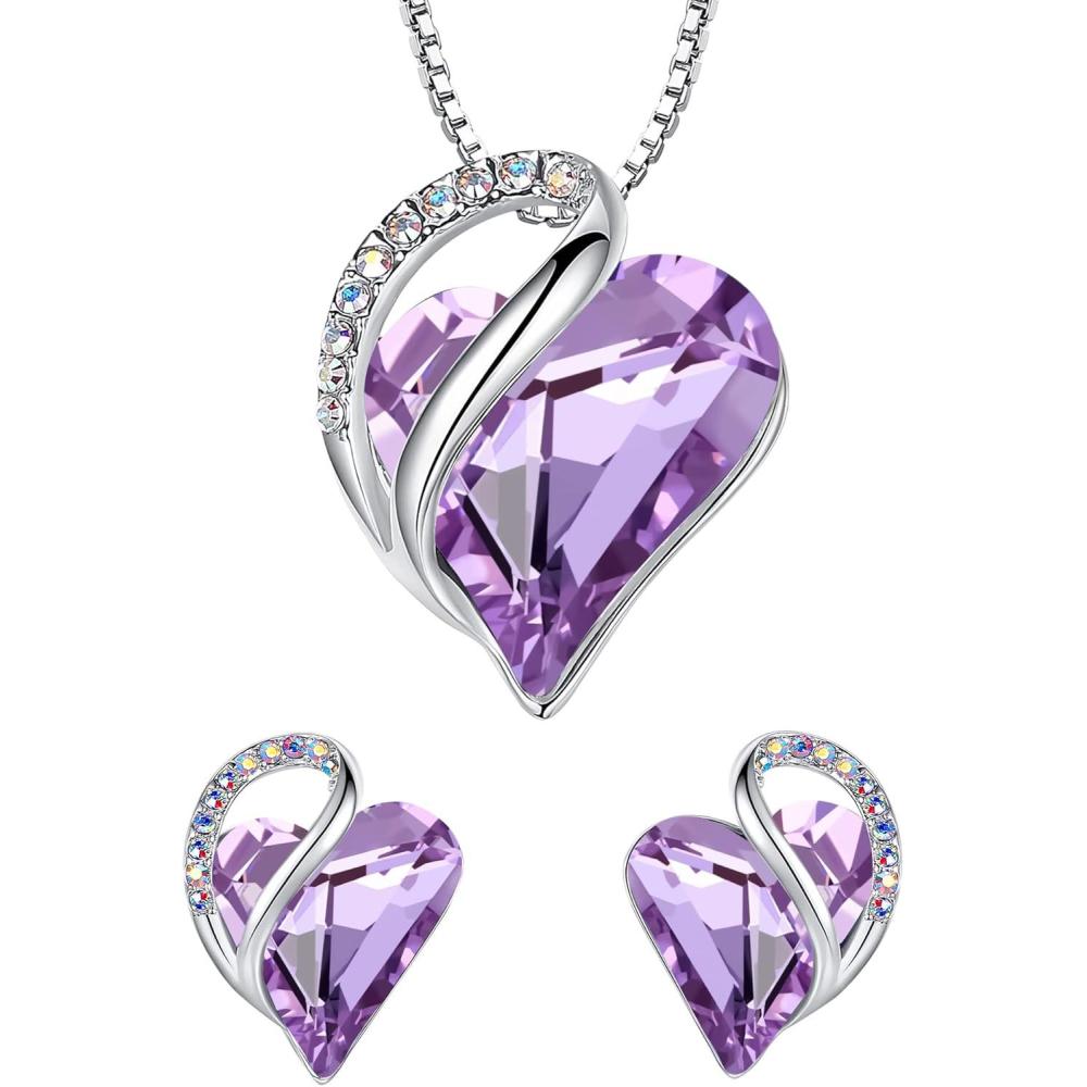 imageLeafael Infinity Love Heart Necklace and Stud Earrings for Women June Birthstone Crystal Jewelry Silver Tone Bundle Gifts for Women Alexandrite Light Purple