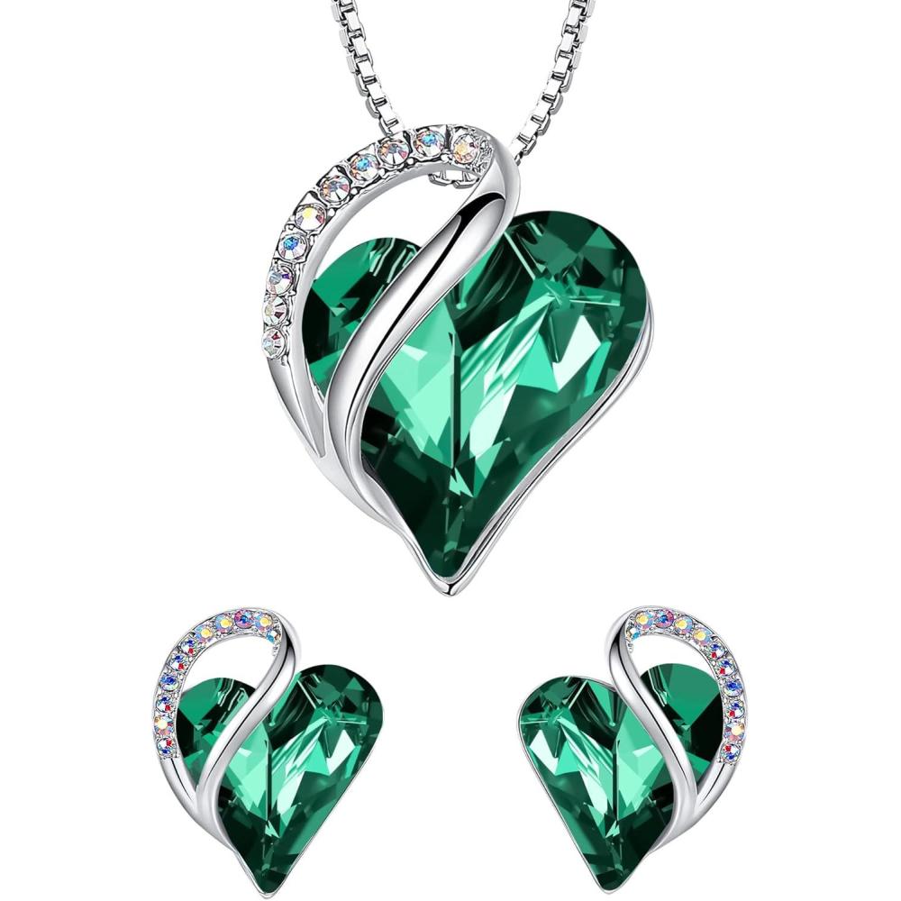 imageLeafael Infinity Love Heart Necklace and Stud Earrings for Women May Birthstone Crystal Jewelry Silver Tone Bundle Gifts for Women Emerald Green