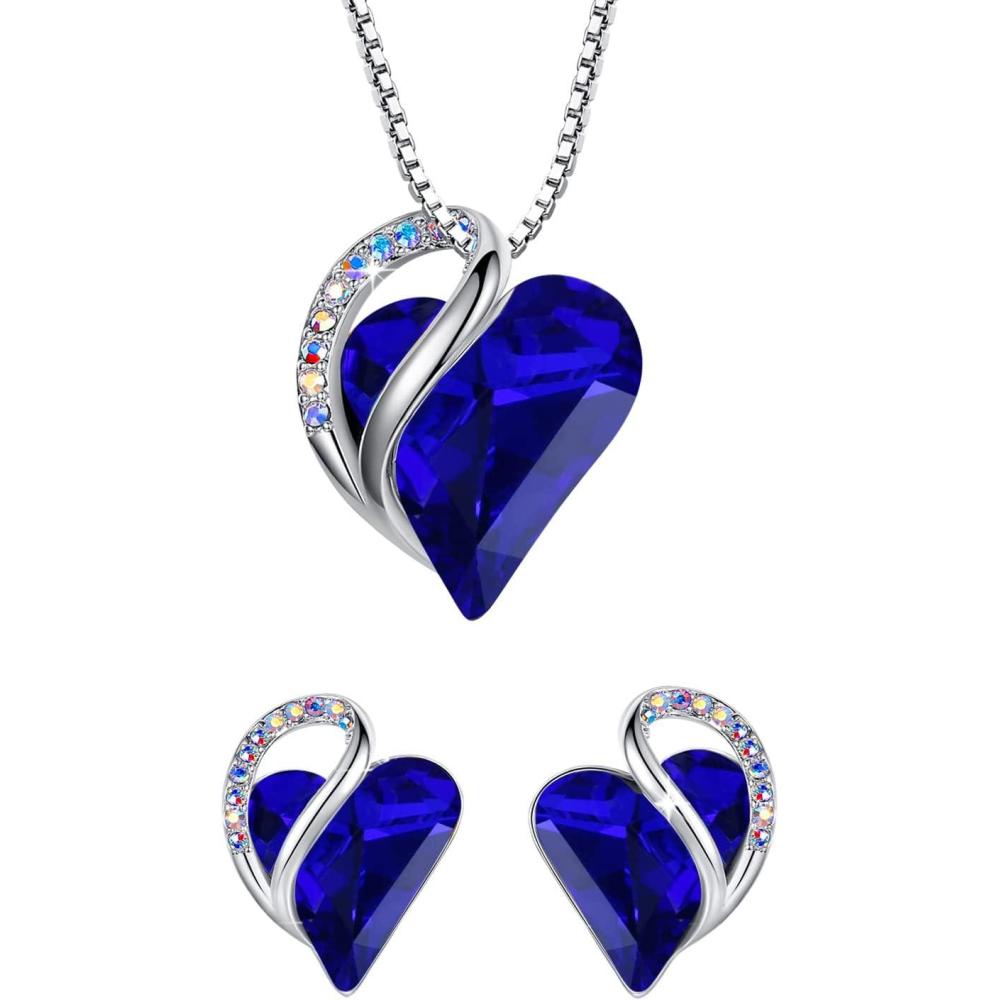 imageLeafael Infinity Love Heart Necklace and Stud Earrings for Women September Birthstone Crystal Jewelry Silver Tone Bundle Gifts for Women Sapphire Blue