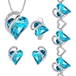 Leafael Infinity Love Heart Necklace, Stud Earrings, Bracelet, and Ring Set, December Birthstone Crystal Jewelry, Silver Tone Gifts for Women, Turquoise Aquamarine Blue