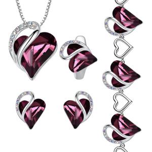 Leafael Infinity Love Heart Necklace, Stud Earrings, Bracelet, and Ring Set, February Birthstone Crystal Jewelry, Silver Tone Gifts for Women, Amethyst Pink