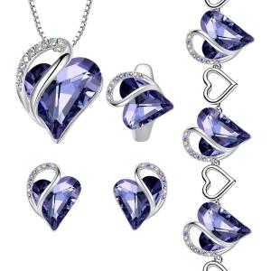 Leafael Infinity Love Heart Necklace, Stud Earrings, Bracelet, and Ring Set, February Birthstone Crystal Jewelry, Silver Tone Gifts for Women, Tanzanite Purple