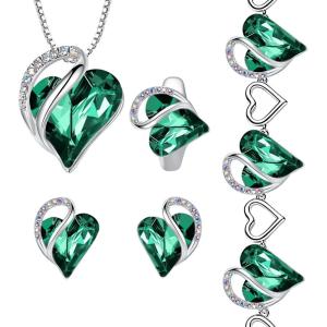 Leafael Infinity Love Heart Necklace, Stud Earrings, Bracelet, and Ring Set, May Birthstone Crystal Jewelry, Silver Tone Gifts for Women, Emerald Green