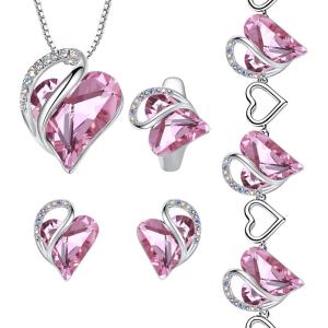 Leafael Infinity Love Heart Necklace, Stud Earrings, Bracelet, and Ring Set, October Birthstone Crystal Jewelry, Silver Tone Gifts for Women, Rose Quartz Pink