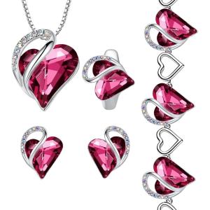 Leafael Infinity Love Heart Necklace, Stud Earrings, Bracelet, and Ring Set, October Birthstone Crystal Jewelry, Silver Tone Gifts for Women, Tourmaline Pink