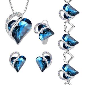 Leafael Infinity Love Heart Necklace, Stud Earrings, Bracelet, and Ring Set, September Birthstone Crystal Jewelry, Silver Tone Gifts for Women, Bermuda Sapphire Blue