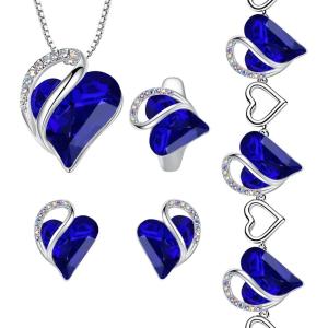 Leafael Infinity Love Heart Necklace, Stud Earrings, Bracelet, and Ring Set, September Birthstone Crystal Jewelry, Silver Tone Gifts for Women, Sapphire Blue