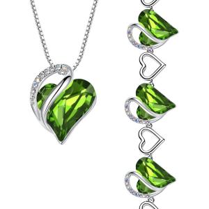Leafael Infinity Love Heart Necklace and Bracelet for Women, August Birthstone Crystal Jewelry, Silver Tone Bundle Gifts for Women, Peridot Green