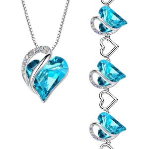 Leafael Infinity Love Heart Necklace and Bracelet for Women, December Birthstone Crystal Jewelry, Silver Tone Bundle Gifts for Women, Turquoise Aquamarine Blue