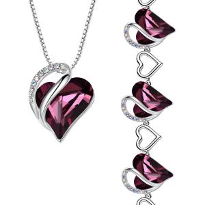 Leafael Infinity Love Heart Necklace and Bracelet for Women, February Birthstone Crystal Jewelry, Silver Tone Bundle Gifts for Women, Amethyst Pink