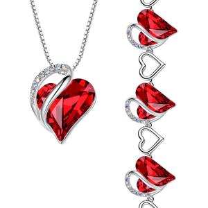 Leafael Infinity Love Heart Necklace and Bracelet for Women, July Birthstone Crystal Jewelry, Silver Tone Bundle Gifts for Women, Siam Ruby Red
