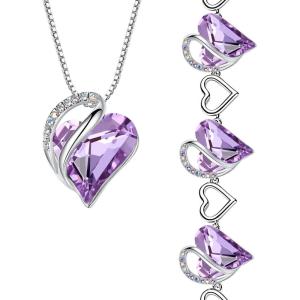 Leafael Infinity Love Heart Necklace and Bracelet for Women, June Birthstone Crystal Jewelry, Silver Tone Bundle Gifts for Women, Alexandrite Light Purple