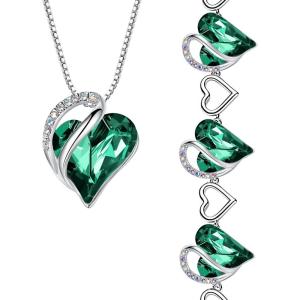 Leafael Infinity Love Heart Necklace and Bracelet for Women, May Birthstone Crystal Jewelry, Silver Tone Bundle Gifts for Women, Emerald Green