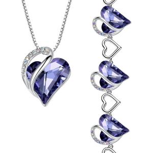 Leafael Infinity Love Heart Necklace and Bracelet for Women, Purple Birthstone Crystal Jewelry, Silver Tone Bundle Gifts for Women, Tanzanite Purple