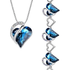 Leafael Infinity Love Heart Necklace and Bracelet for Women, September Birthstone Crystal Jewelry, Silver Tone Bundle Gifts for Women, Bermuda Sapphire Blue