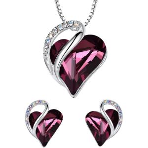 Leafael Infinity Love Heart Necklace and Stud Earrings for Women, February Birthstone Crystal Jewelry, Silver Tone Bundle Gifts for Women, Amethyst Pink